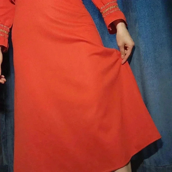 Vintage 60s bright red, gold, and silver babydoll long bell-sleeved maxi dress - Picture 9 of 15